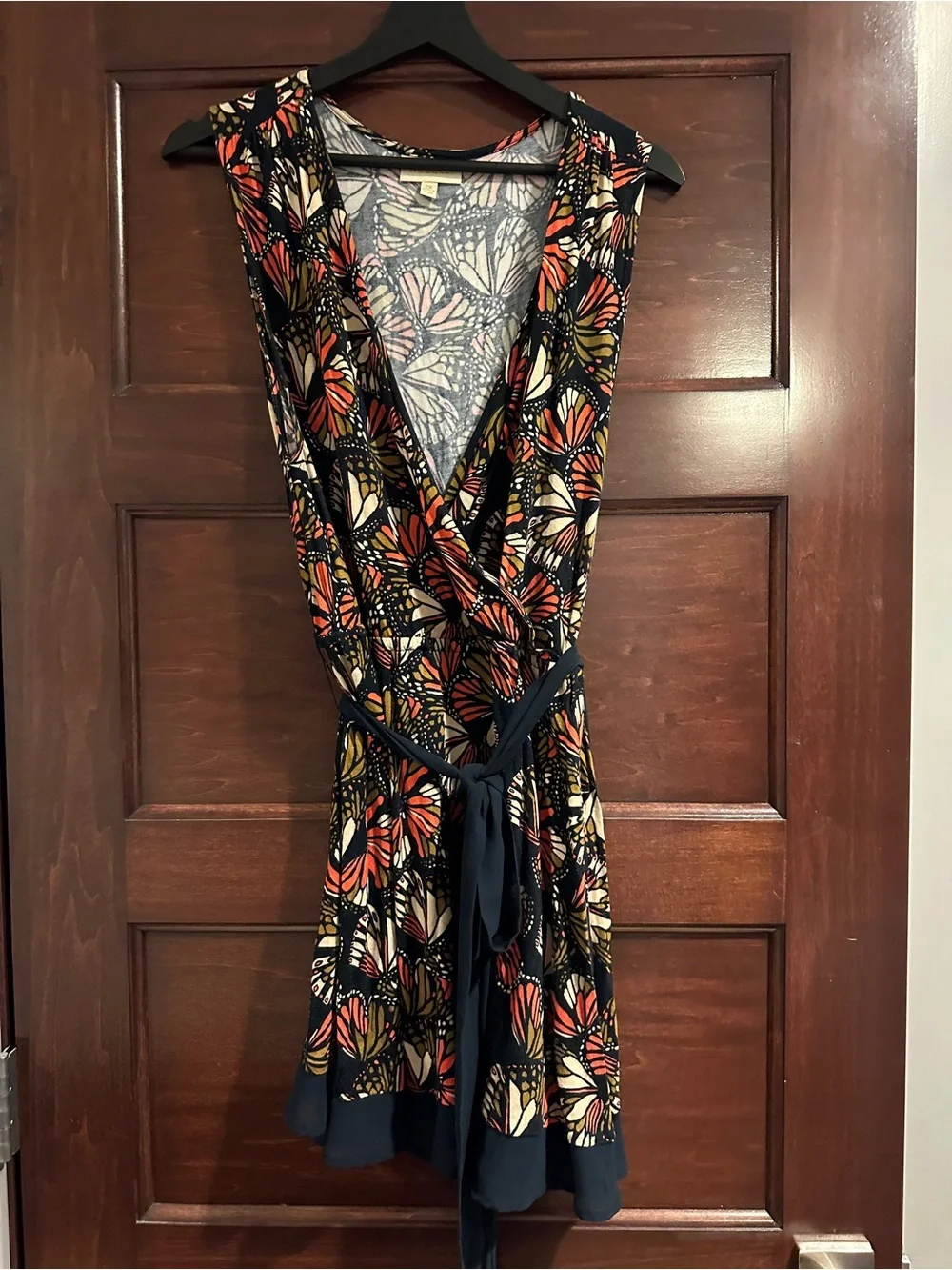Modcloth Navy Sleeveless Tunic with Orange, Cream, and Olive Butterfly Print - Picture 2 of 6